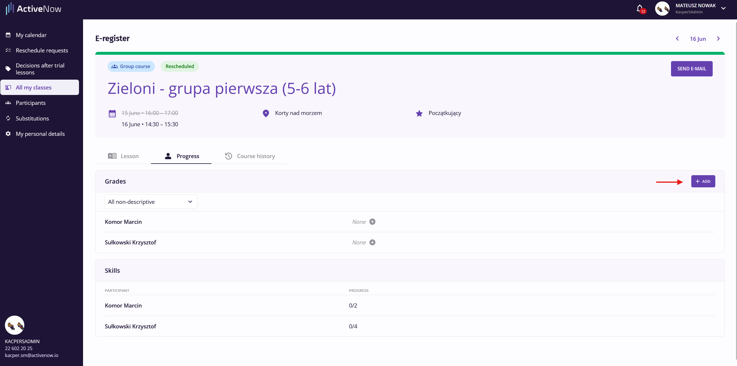 Progress tab in the E-register with the grades section and New grade button